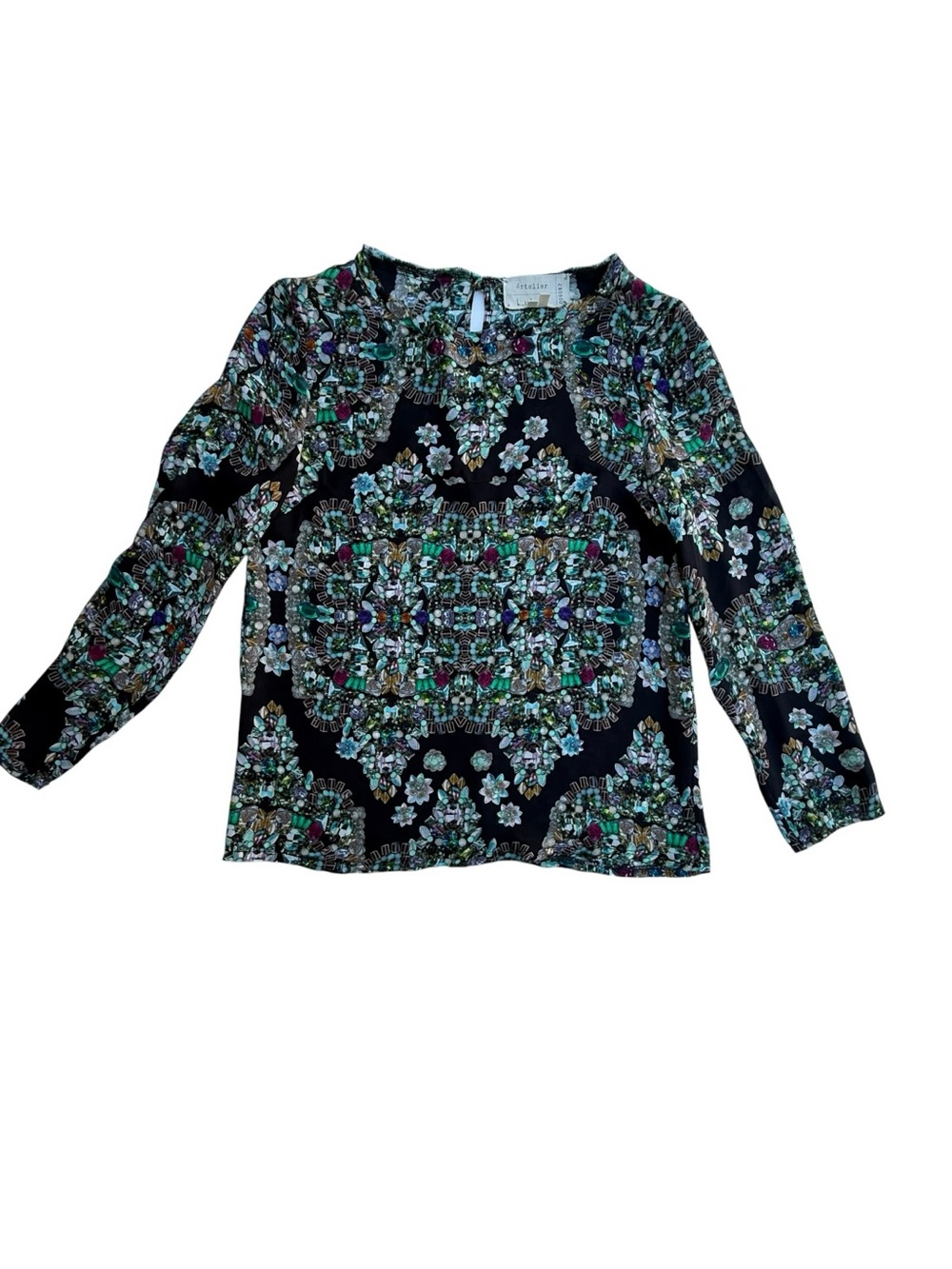 Nicole Miller Black Floral Mosaic Print Long-Sleeve Blouse